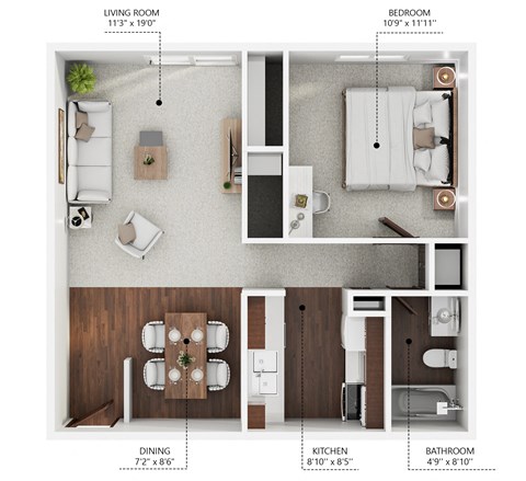 Floor plan for 1 bed, 1 bath, 624 sqft
